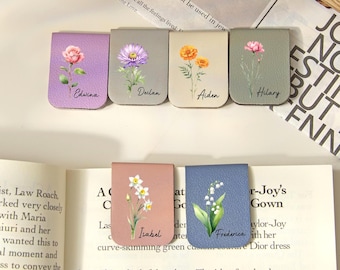 Personalized Birth Flower Bookmark, Leather Magnetic Bookmark, Name Bookmark for Bridesmaid, Book Lover Birthday Gift Book Accessory for Her