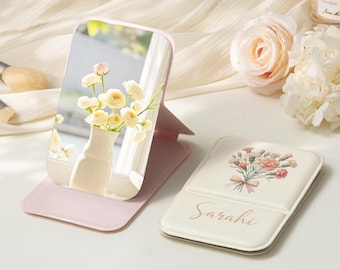 Specchietto da trucco quadrato pieghevole personalizzato, specchietto compatto con fiore di nascita, specchietto tascabile in pelle con nome, regalo per damigella d'onore, bomboniere.