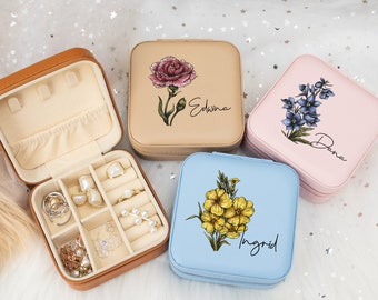 Personalized Birth Flower Jewelry Box, Leather Travel Jewelry Case, Colorful Flower Jewelry Box, Mother's Day Gift, Birthday Gift for Her