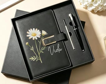 Birth Flower Journal, Personalized Leather Notebook & Pen Set, Birthday Gift for Friend, Custom Name Diary, Gift for Teacher