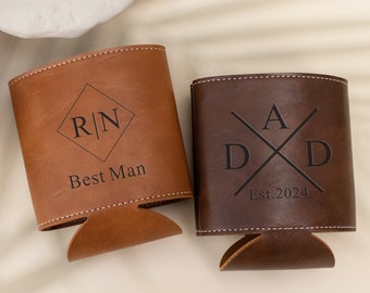 Groomsmen Leather Can Cooler Holder,Personalized Engraved Can Cooler,Beer Can Holder,Wedding Gift for Groomsmen,Father's Day Gift,Birthday