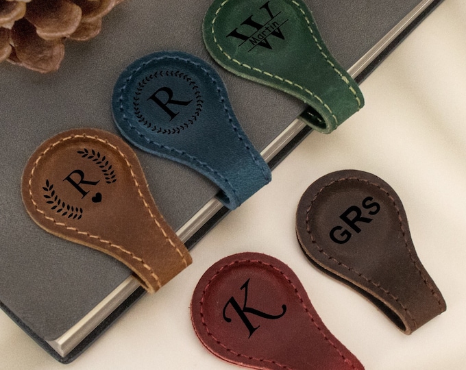 Custom Leather Magnetic Bookmark, Leather Book Mark for Him/Her, Engraved Initial/Name Magnetic Bookmark, Gift for Reader, Christmas Gift