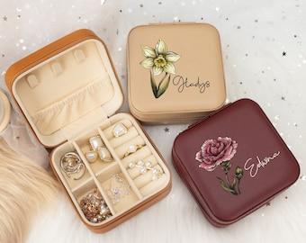 Personalized Birth Flower Jewelry Box, Leather Travel Jewelry Case, Colorful Flower Jewelry Box, Mother's Day Gift, Birthday Gift for Her