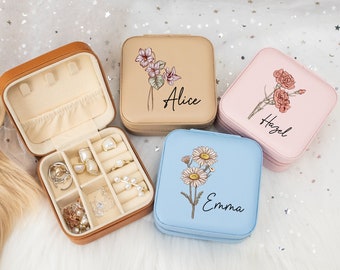 Personalized Jewelry Box, Birth Flower Jewelry Box, Leather Travel Jewelry Case, Gift for Women/Her, Birthday Gift for Mom, Bridesmaid Gift
