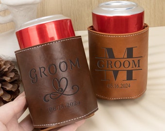 Custom Leather Beer Can Holder for Groomsmen, Engraved Can Cooler Holder, Wedding Favors, Father's Day Gift, Birthday Gift, Best Men Gift