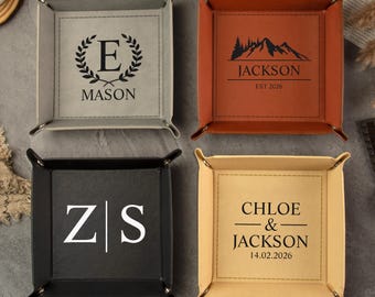 Couple Initia Leather Valet Tray, Personalized Catchall Gift for Men, Leather Catchall Tray, Anniversary Gift for Husband, Wedding Groomsmen