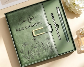 Personalized New Chapter Journal Set, Custom Name Floral Notebook with Pen, Graduation Gift, Retirement Gift for Women, Coworker Farewell