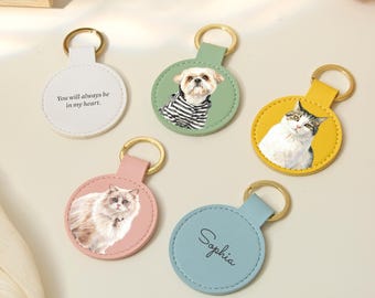Portachiavi in pelle personalizzato con foto del tuo animale domestico, portachiavi con ritratto ad acquerello del tuo animale domestico, regalo di compleanno per amanti di cani e gatti, portachiavi per auto, ricordo della perdita di un animale domestico.