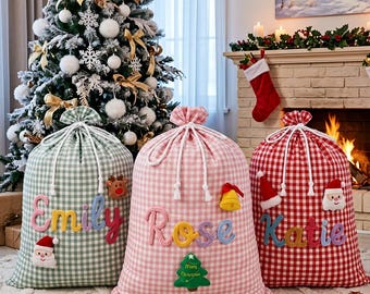 Personalized Christmas Sack, Custom Name Santa Bag, Large Gingham Gift Bag, Kids Holiday Present Sack, Christmas Morning Gift
