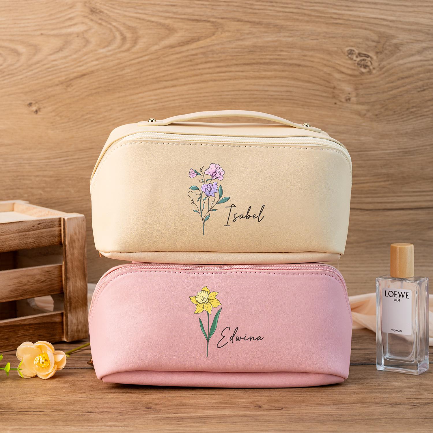 Personalized Birth Flower Makeup Bag, Watercolor Flower Makeup Bag for Bridesmaid, Leather Cosmetic Bag for Women, Christmas Gift for Her