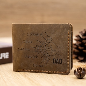 Cartera de cuero personalizada para hombres, cartera para golpear puños de papá y bebé, cartera grabada para papá, regalo del día del padre, cartera para nuevo papá, aniversario