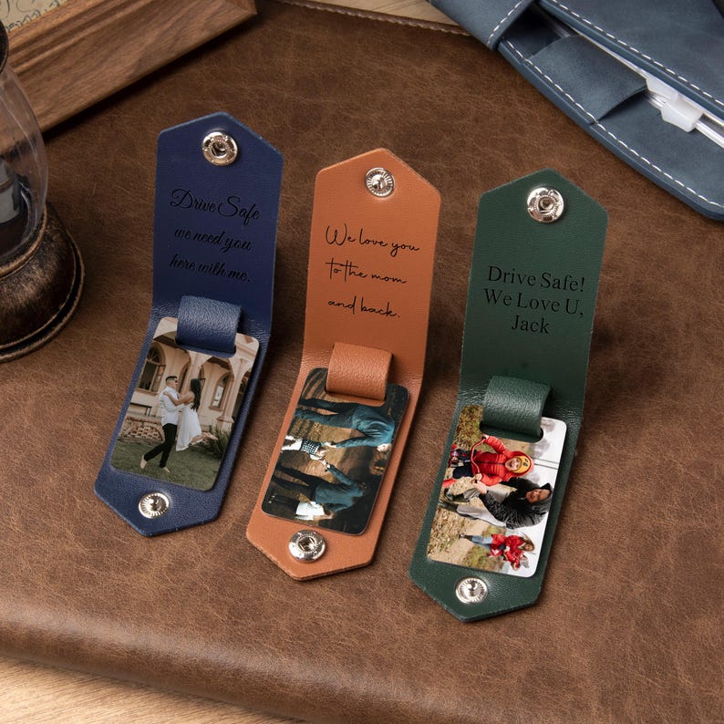 Leather Keychain with Photo and Text, Personalized Keychain for Him, Anniversary Gift, Gift for New Dad, Father's Day Gift, Men's Gift image 1