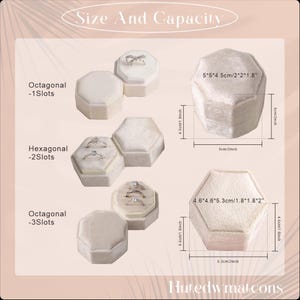 May include: A display of octagonal and hexagonal ring boxes in a light beige color. The boxes are shown open, displaying rings. The image includes text that reads "Size And Capacity" and measurements in inches and centimeters.