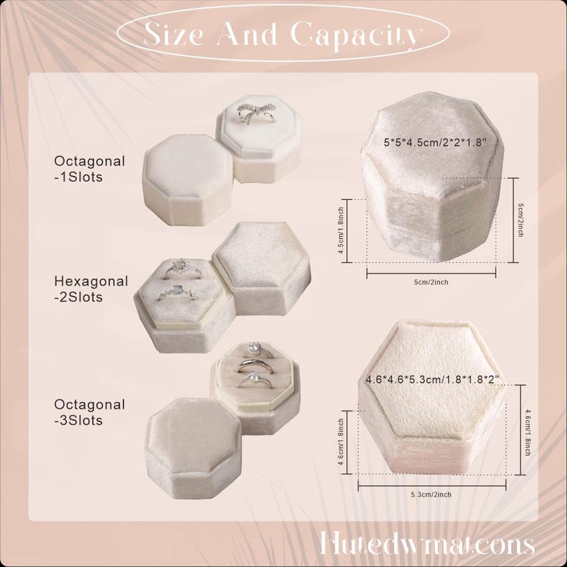 May include: A display of octagonal and hexagonal ring boxes in a light beige color. The boxes are shown open, displaying rings. The image includes text that reads "Size And Capacity" and measurements in inches and centimeters.