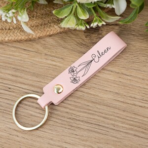 Personalized Birth Flower Leather Keychain, Leather Keyring, Bag Tags, Custom Leather Keyring, Birthday Gift, Gift for Women, Mom's Gift zdjęcie 6