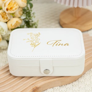 Caja de joyería de flores de nacimiento personalizada, caja de joyería de viaje de cuero para mujeres, caja de joyería personalizada para mamá, regalo de cumpleaños para ella, regalo de dama de honor imagen 1