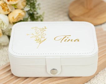 Caja de joyería de flores de nacimiento personalizada, caja de joyería de viaje de cuero para mujeres, caja de joyería personalizada para mamá, regalo de cumpleaños para ella, regalo de dama de honor