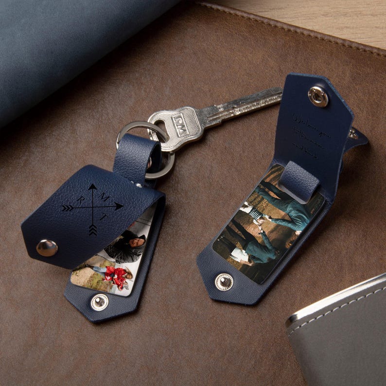 Leather Keychain with Photo and Text, Personalized Keychain for Him, Anniversary Gift, Gift for New Dad, Father's Day Gift, Men's Gift image 2