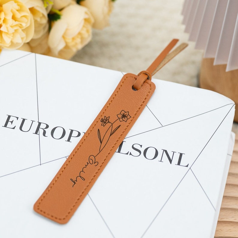 Personalized Leather Bookmark, Birthflower Bookmark, Gift for Women, Book Lover Gift, PU Leather Bookmark, Birthday Gift for Her/Mom image 1