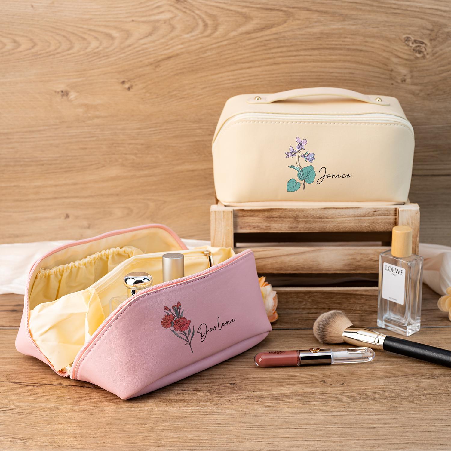 Personalized Birth Flower Makeup Bag, Watercolor Flower Makeup Bag for Bridesmaid, Leather Cosmetic Bag for Women, Christmas Gift for Her