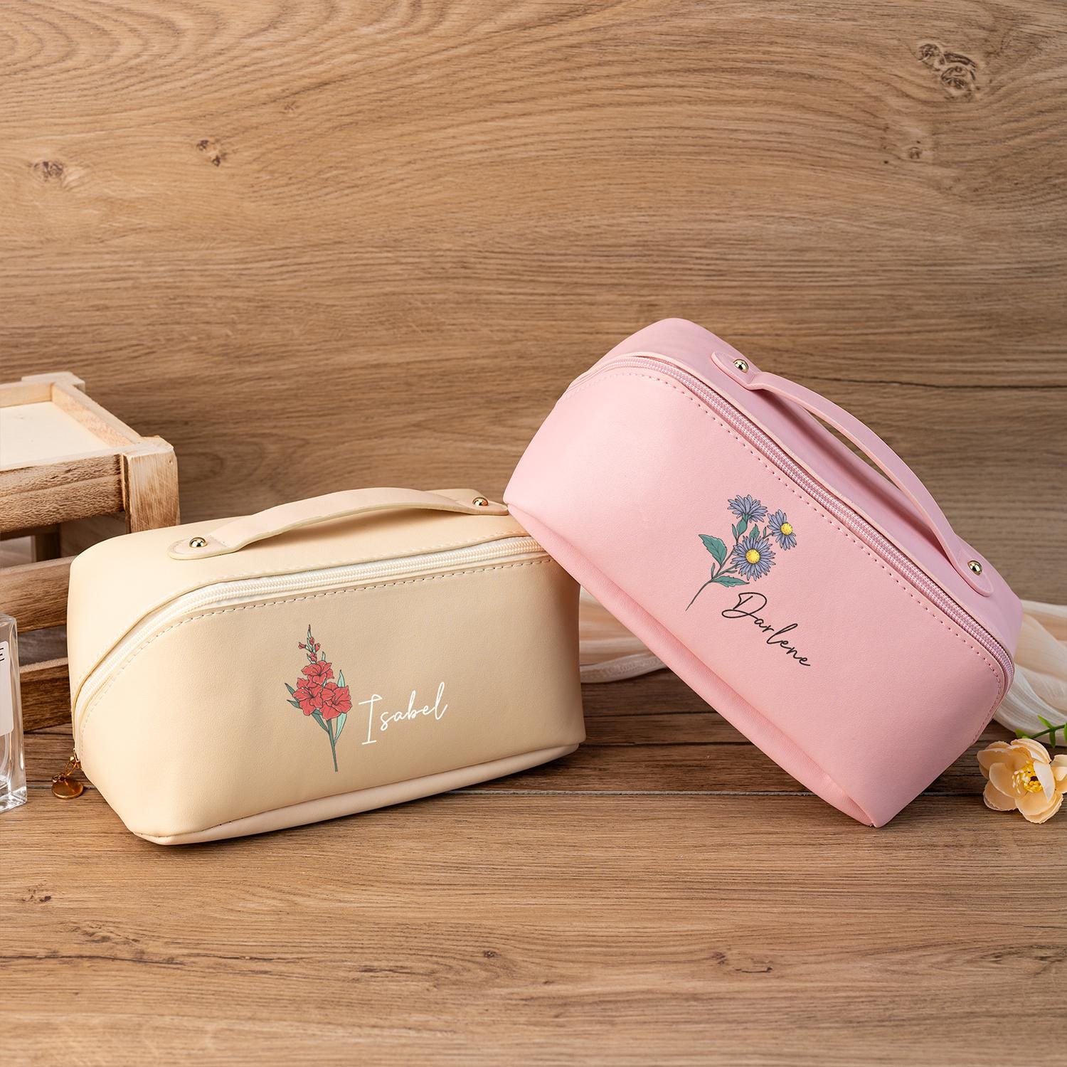 Personalized Birth Flower Makeup Bag, Watercolor Flower Makeup Bag for Bridesmaid, Leather Cosmetic Bag for Women, Christmas Gift for Her