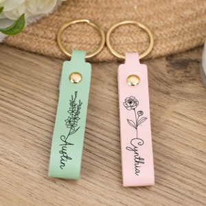Personalized Birth Flower Leather Keychain, Leather Keyring, Bag Tags, Custom Leather Keyring, Birthday Gift, Gift for Women, Mom's Gift image 1