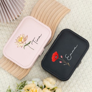 Joyero con flor de nacimiento, joyero personalizado para mamá, regalo de cumpleaños para ella, regalo de dama de honor, organizador de joyas, joyero de viaje