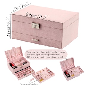May include: Pink velvet jewelry box with three layers and a removable divider. The box measures 9.5 inches long, 6.7 inches wide, and 4.3 inches high.