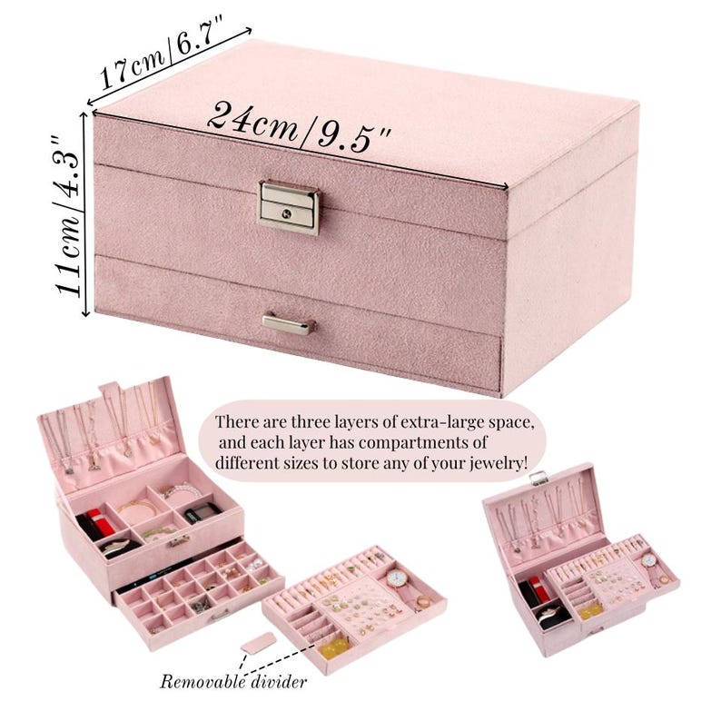May include: Pink velvet jewelry box with three layers and a removable divider. The box measures 9.5 inches long, 6.7 inches wide, and 4.3 inches high.