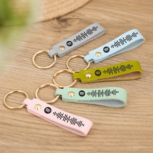May include: Five leather keyrings with gold key rings. Each keyring has a different colour: light blue, light green, yellow, pink, and grey. Each keyring has a black and white Spotify barcode printed on it.