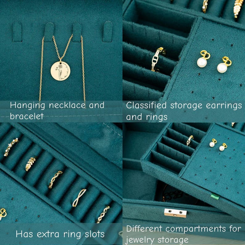 May include: Teal velvet jewelry box with compartments for storing necklaces, bracelets, earrings, and rings. The box has a lock and a hanging section for necklaces.