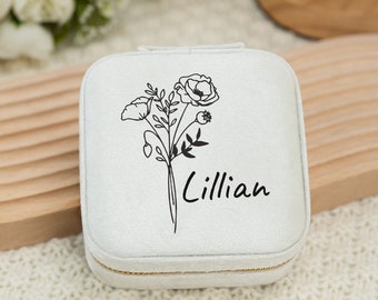 Velvet Jewelry Box with Birth Flower, Personalized Travel Jewelry Box, Bridesmaid Gift, Gift for Women, Wedding Gifts, Birthday Gift for Her