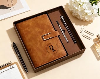 Custom Engraved Notebook with Pen, Leather Journal Set, Any Logo Notebook for Company Matching Pen, Birthday Gift for Friend New Job Present