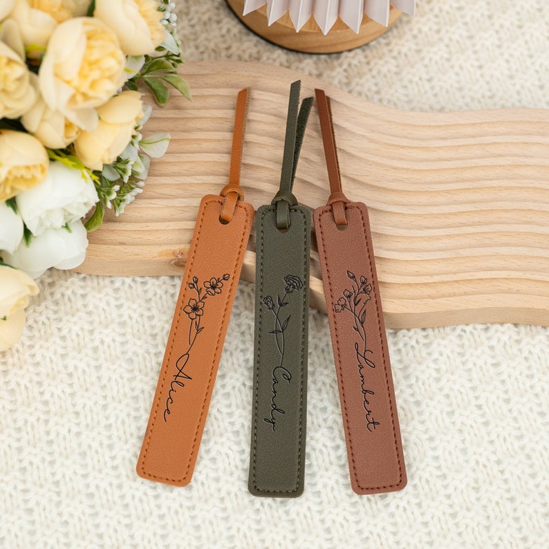 Personalized Leather Bookmark, Birthflower Bookmark, Gift for Women, Book Lover Gift, PU Leather Bookmark, Birthday Gift for Her/Mom image 2