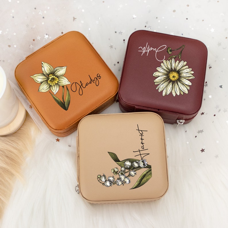 Personalized Birth Flower Jewelry Box, Leather Travel Jewelry Case, Colorful Flower Jewelry Box, Mother's Day Gift, Birthday Gift for Her Bild 2