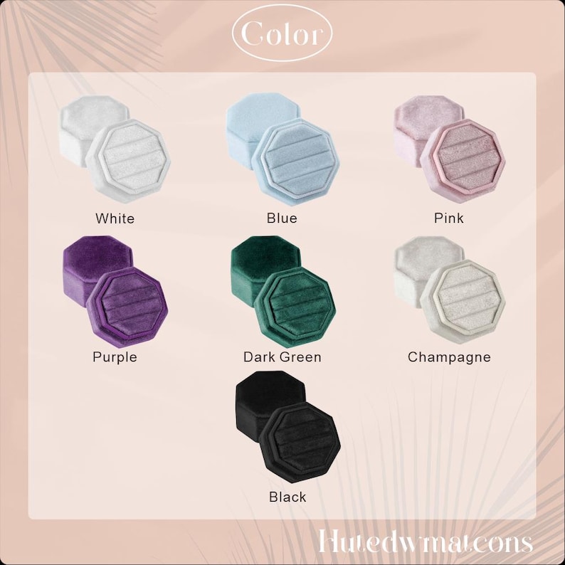 May include: A selection of octagonal ring boxes in various colors, including white, blue, pink, purple, dark green, champagne, and black. The boxes are made of a soft, velvety material and are displayed with the word "Color" at the top.