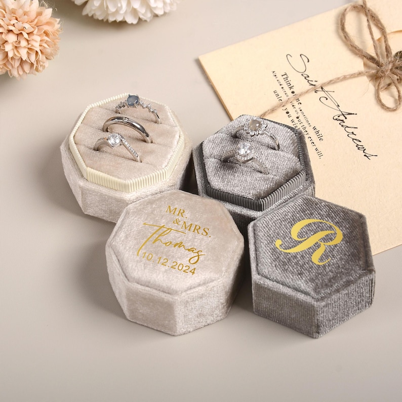 Scatola per fedi nuziali personalizzata, scatola per fedi in velluto per fidanzamento, portafedi per proposta di matrimonio, portafedi nuziali, regalo di nozze per cerimonia immagine 12
