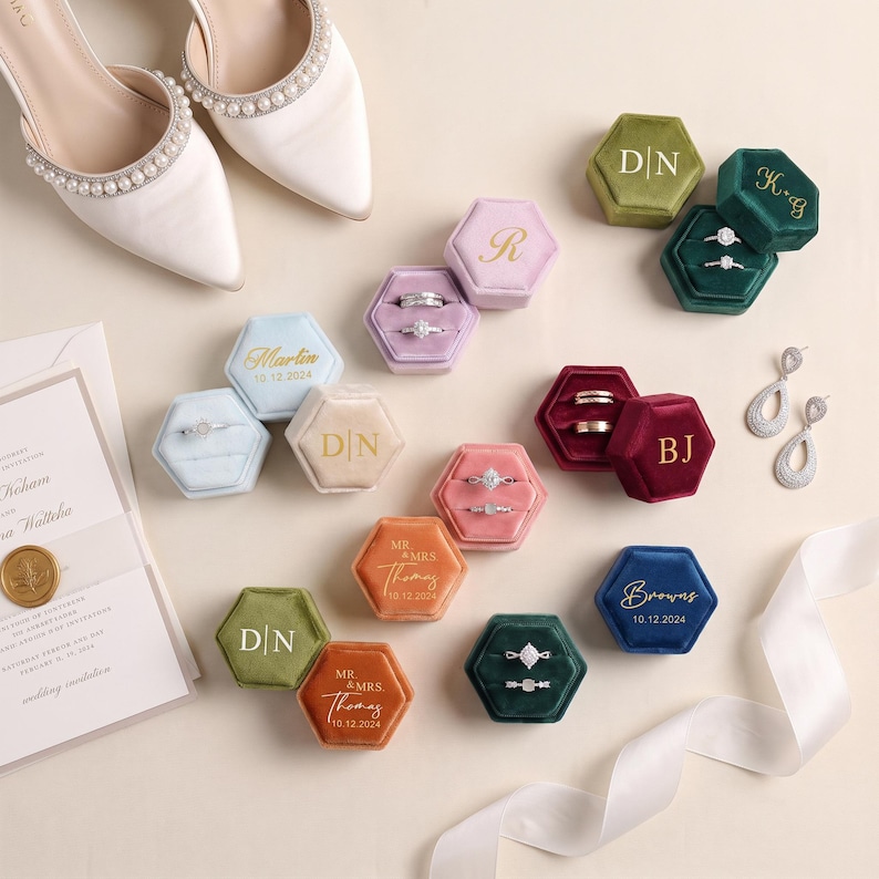 Scatola per fedi nuziali personalizzata, scatola per fedi in velluto per fidanzamento, portafedi per proposta di matrimonio, portafedi nuziali, regalo di nozze per cerimonia immagine 14