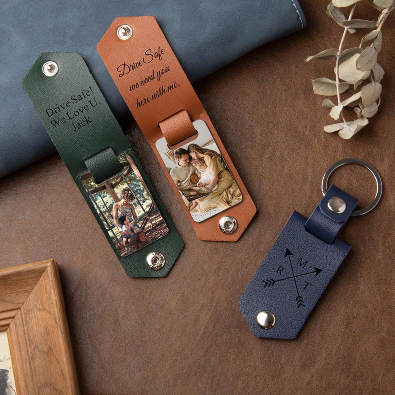 Leather Keychain with Photo and Text, Personalized Keychain for Him, Anniversary Gift, Gift for New Dad, Father's Day Gift, Men's Gift image 8