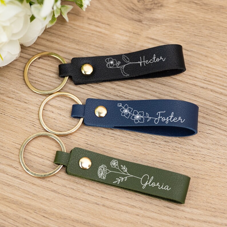 Personalized Birth Flower Leather Keychain, Leather Keyring, Bag Tags, Custom Leather Keyring, Birthday Gift, Gift for Women, Mom's Gift zdjęcie 3