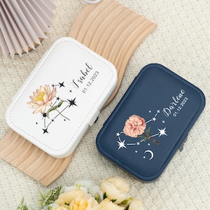 Portagioie personalizzato con fiore portafortuna e segno zodiacale, portagioie con costellazione in pelle, regalo per la mamma, regalo per damigella d'onore, regalo di compleanno