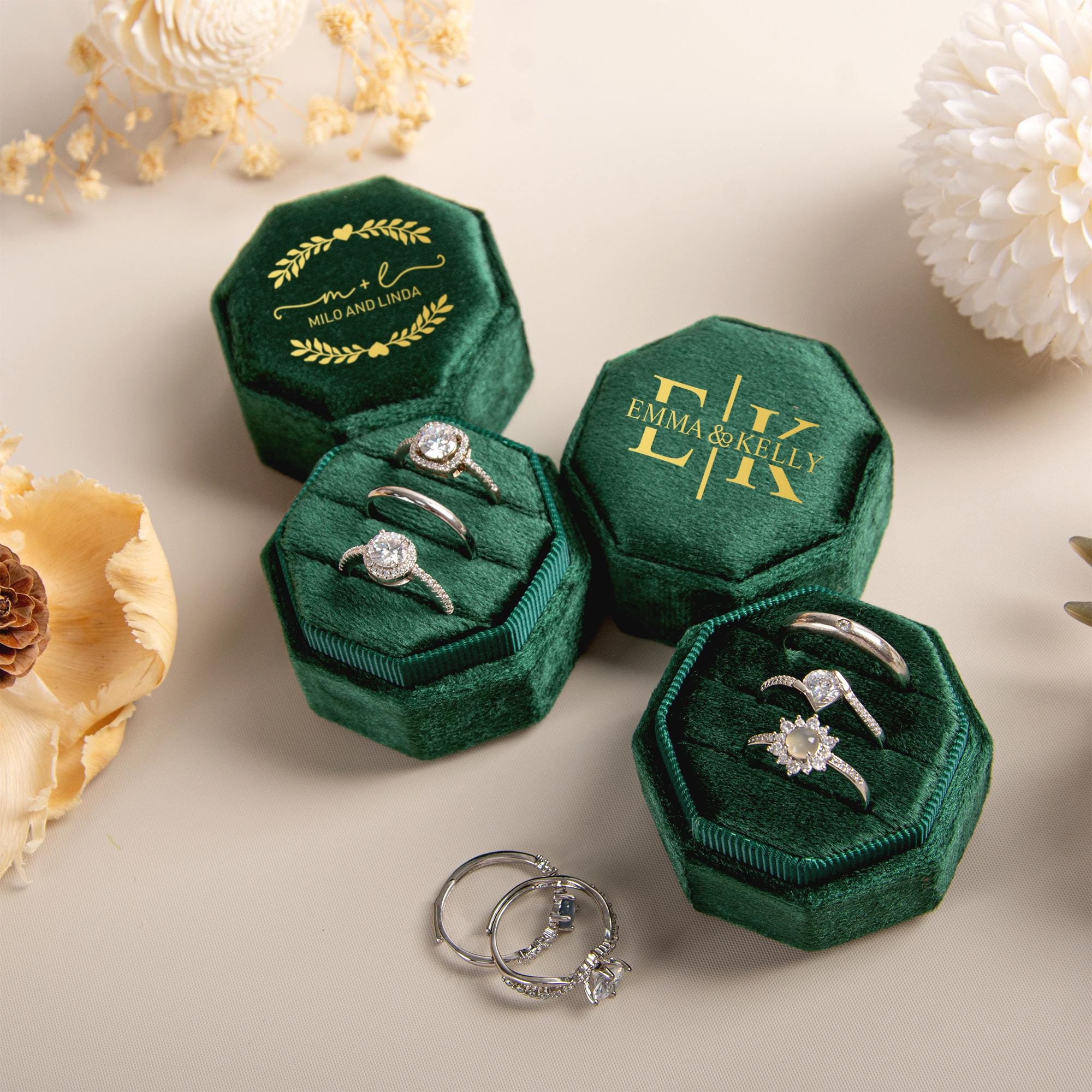 Velvet Ring Box, Personalized Triple Slots Ring Box, Wedding Ring Box for Ceremony, Proposal Ring Holder, Engagement Ring Box, Anniversary