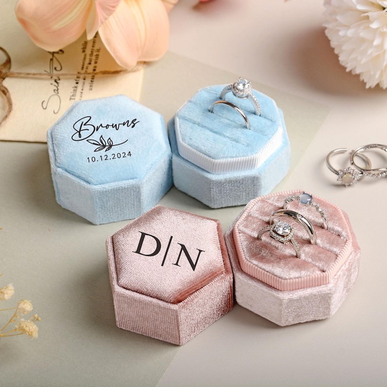 Scatola per fedi nuziali personalizzata, scatola per fedi in velluto per fidanzamento, portafedi per proposta di matrimonio, portafedi nuziali, regalo di nozze per cerimonia immagine 10