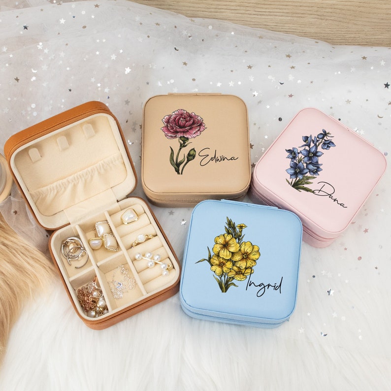 Personalized Birth Flower Jewelry Box, Leather Travel Jewelry Case, Colorful Flower Jewelry Box, Mother's Day Gift, Birthday Gift for Her Bild 3