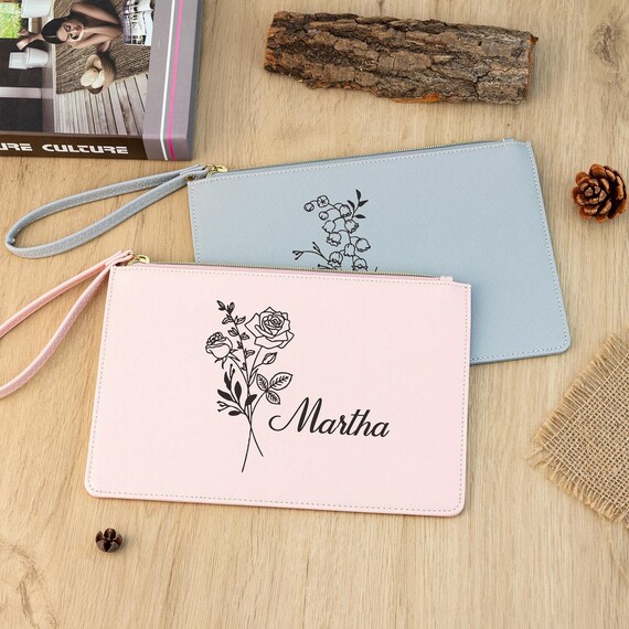 Personalised Clutch Bag Birth Flower Leather Bag Bridesmaid Gift Gift for Bride Maid of Honour Present Birthday Gift for Her Wife Friend Etsy