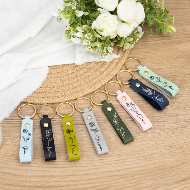 Personalized Birth Flower Leather Keychain, Leather Keyring, Bag Tags, Custom Leather Keyring, Birthday Gift, Gift for Women, Mom's Gift zdjęcie 2