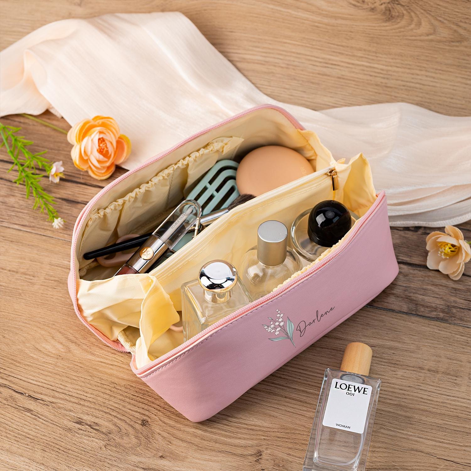 Personalized Birth Flower Makeup Bag, Watercolor Flower Makeup Bag for Bridesmaid, Leather Cosmetic Bag for Women, Christmas Gift for Her