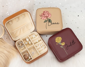 Custom Birth Flower Jewelry Box,Leather Jewelry Travel Box,Jewelly Box for Women,Personalized Birthday Gift for Her,Mother's Day Gift