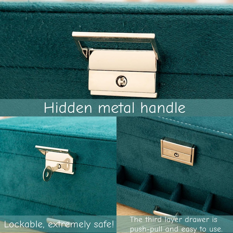 May include: Teal velvet jewelry box with a hidden metal handle and a lock. The box has three layers, the bottom layer has a pull-out drawer.