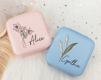 Portagioie personalizzato con fiore di nascita, portagioielli da viaggio in pelle, portagioie da donna, regalo per damigella d'onore, regalo per la festa della mamma, regalo di compleanno per lei